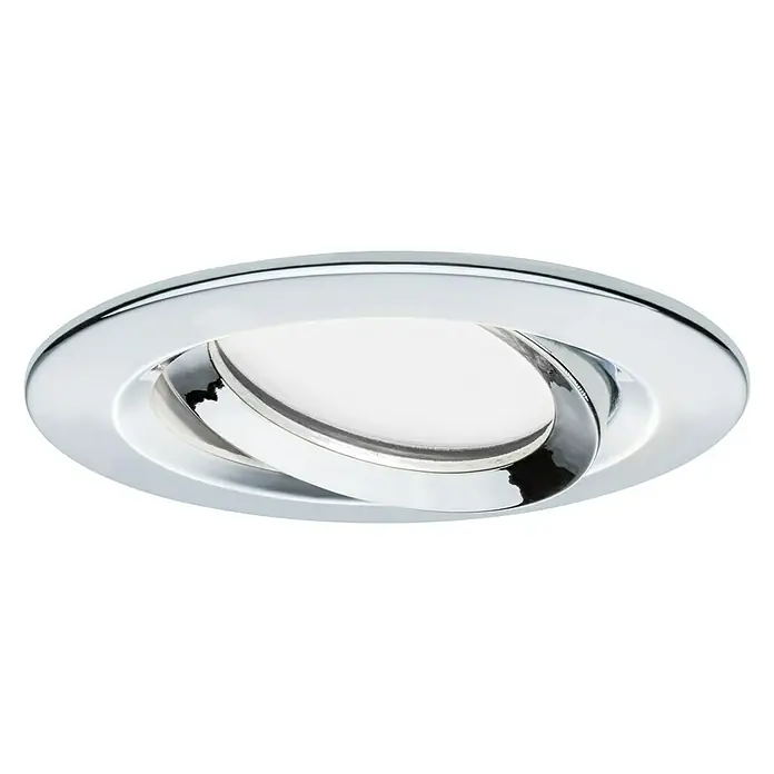 Paulmann LED-Einbauleuchte rund Nova Plus - 6,8 W, Chrom, Warmweiß, IP65 - Nahaufnahme einer verchromten LED-Einbauleuchte mit schwenkbarem Spot auf schwarzem Hintergrund, ideal für moderne Innenräume.