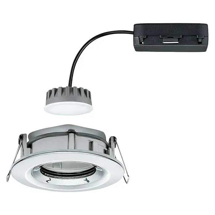 Paulmann LED-Einbauleuchte rund Nova Plus - 6,8 W, Chrom, Warmweiß, IP65 - Abbildung einer LED-Einbauleuchte mit Chromfassung, einem Kühlkörper und einer schwarzen Treiberbox für den Deckenbereich.