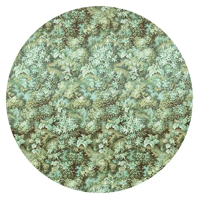 Komar Dots Fototapete rund Greenery - 125 cm, Selbstklebend - Ein kreisförmiges Bild von dichtem, grünem Blattwerk, das ein üppiges und natürliches Muster erzeugt. Ideal für dekorative Zwecke.