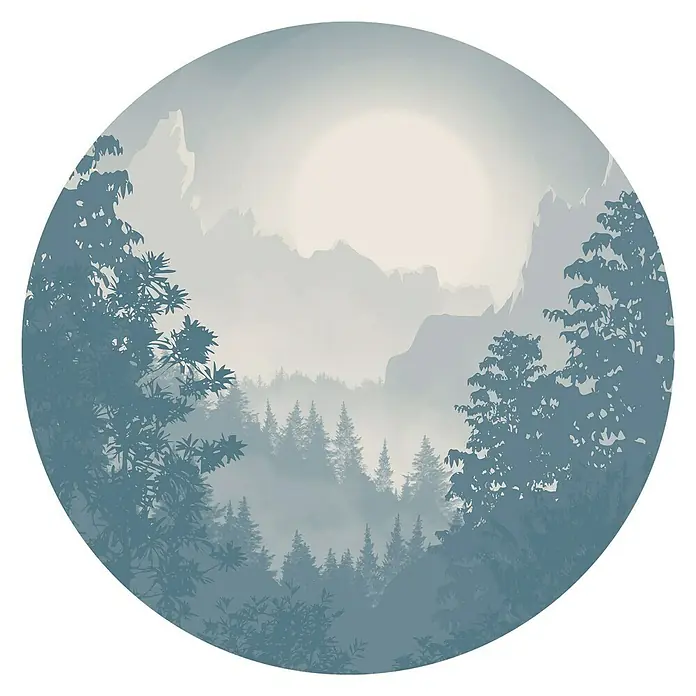 Komar Dots Fototapete rund Blue Valley - 125 cm, Selbstklebend - Eine kreisförmige Illustration einer nebligen Waldlandschaft mit Bergen und Bäumen, die eine ruhige und friedliche Atmosphäre schafft.