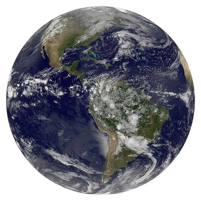 Komar Dots Fototapete rund Earth - 125 cm, Selbstklebend - Erdansicht aus dem Weltraum, zeigt Nord- und Südamerika mit Wolken. Ein beeindruckender Blick auf unseren Planeten Erde.