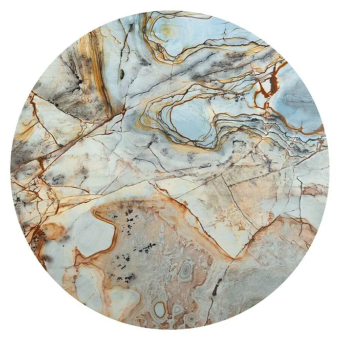 Komar Dots Fototapete rund Marble Sphere - 125 cm, Selbstklebend - Nahaufnahme einer runden Platte aus poliertem Crazy-Horse-Achat mit einzigartigen Maserungen und Farben.