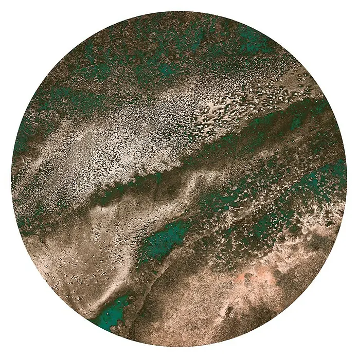 Komar Dots Fototapete rund Cuivre - 125 cm, Selbstklebend - Ein kreisförmiges Abstraktes Kunstwerk mit grünen, braunen und weißen Farbtönen, das eine faszinierende visuelle Textur bietet.