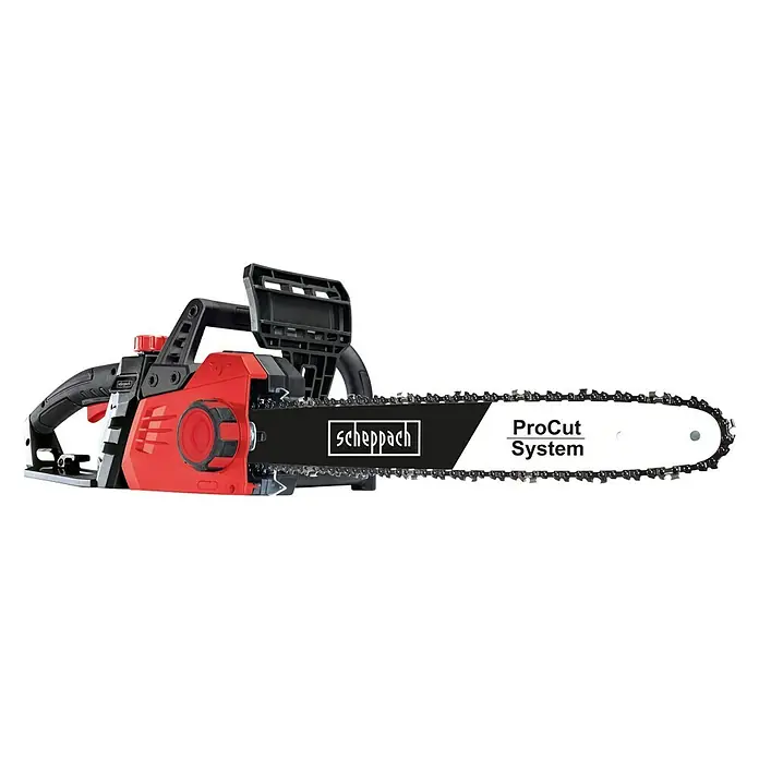 Scheppach Elektro-Kettensäge CSE2600 - 2.400 W, Schwertlänge: 45,7 cm - Nahaufnahme einer Scheppach ProCut System Kettensäge in Rot und Schwarz, ideal für Gartenarbeiten.