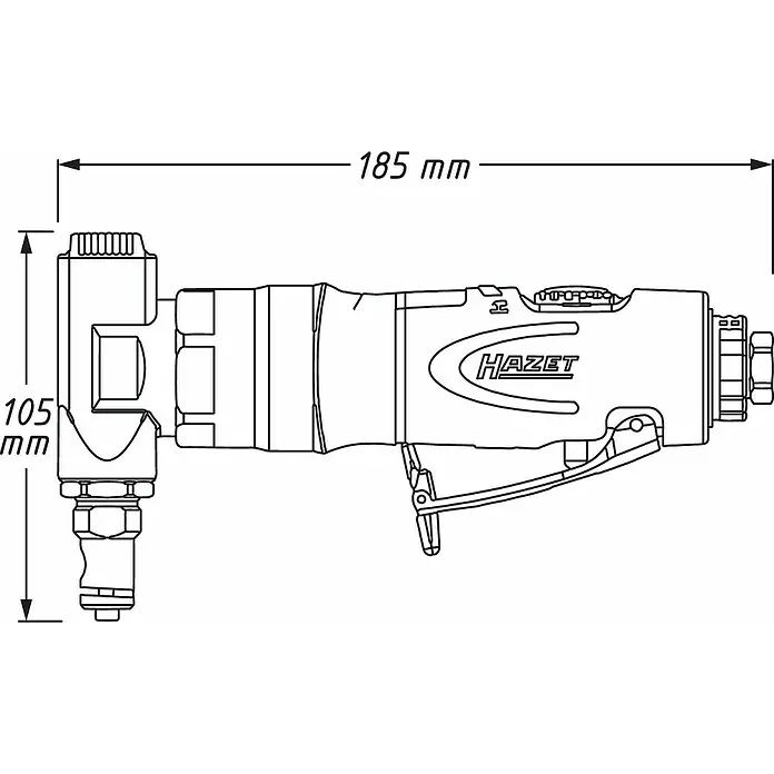 Hazet Blechknabber - Luftverbrauch: 104 l/min - Abbildung eines HAZET Winkelschraubers mit Maßangaben, die eine Länge von 185 mm und eine Höhe von 105 mm zeigen.