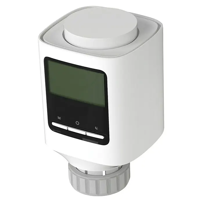 Essentials Thermostatventil Design - Manuell - Nahaufnahme eines weißen Heizkörperthermostats mit digitaler Anzeige und Bedienelementen.
