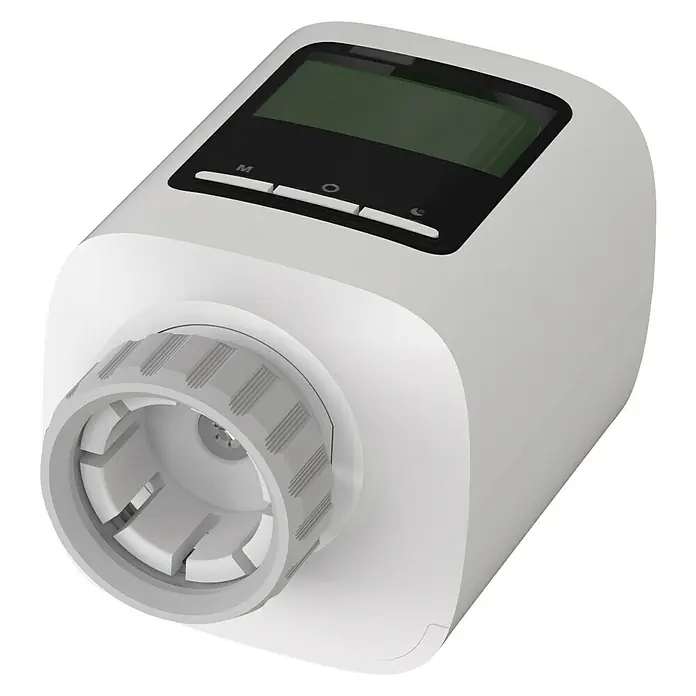 Essentials Thermostatventil Design - Manuell - Das Bild zeigt einen digitalen Heizkörperthermostat. Die Steuerung ist weiß und hat ein Display und Tasten.