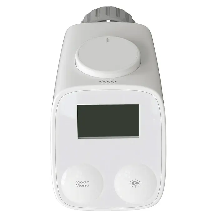 Essentials Heizkörper-Thermostat - Batteriebetrieben, Smarte Steuerung: Essentials Smart Home App, 115 x 64 x 61 mm - Nahaufnahme eines weißen Smart-Home-Thermostats mit einem Knopf, einem Bildschirm und zwei Tasten für Menü und Beleuchtung.