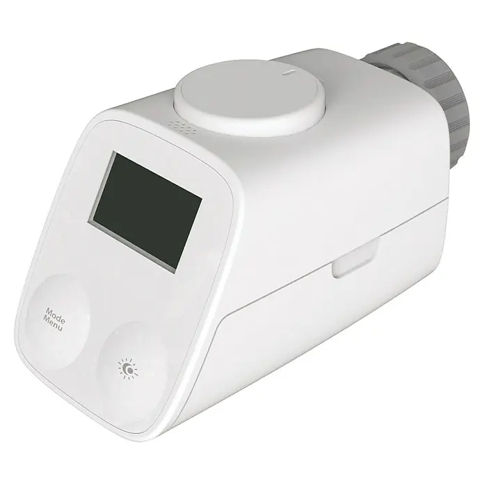 Essentials Heizkörper-Thermostat - Batteriebetrieben, Smarte Steuerung: Essentials Smart Home App, 115 x 64 x 61 mm - Produktbild eines modernen, programmierbaren Heizkörperthermostats in Weiß mit Display und Drehknopf zur Temperaturregelung.