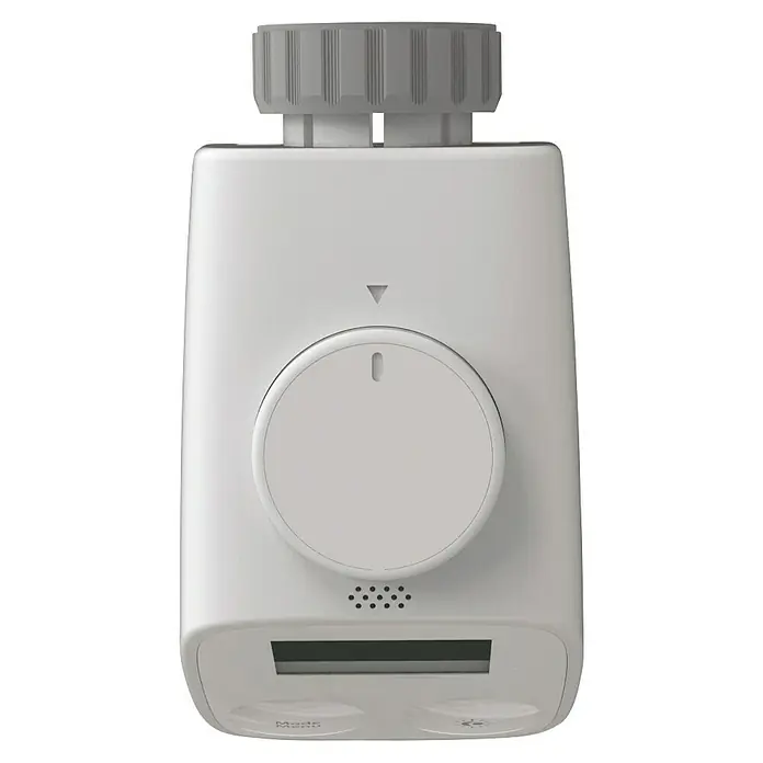 Essentials Heizkörper-Thermostat - Batteriebetrieben, Smarte Steuerung: Essentials Smart Home App, 115 x 64 x 61 mm - Das Bild zeigt einen weißen, elektronischen Heizkörperthermostat mit Drehknopf und digitalem Display. Das Gerät hat ein modernes, minimalistisches Design.
