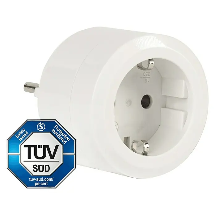 Essentials WiFi-Schaltsteckdose - Weiß, 16 A, Max. Anschlussleistung: 3.680 W - Weißer Schutzkontaktadapter mit TÜV SÜD Zertifizierung für erhöhte Sicherheit und Qualitätsstandards im täglichen Gebrauch.