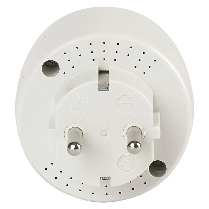 Essentials WiFi-Schaltsteckdose - Weiß, 10 A, Max. Anschlussleistung: 2.300 W - Nahaufnahme eines weißen Steckers mit runden Stiften und Belüftungslöchern.