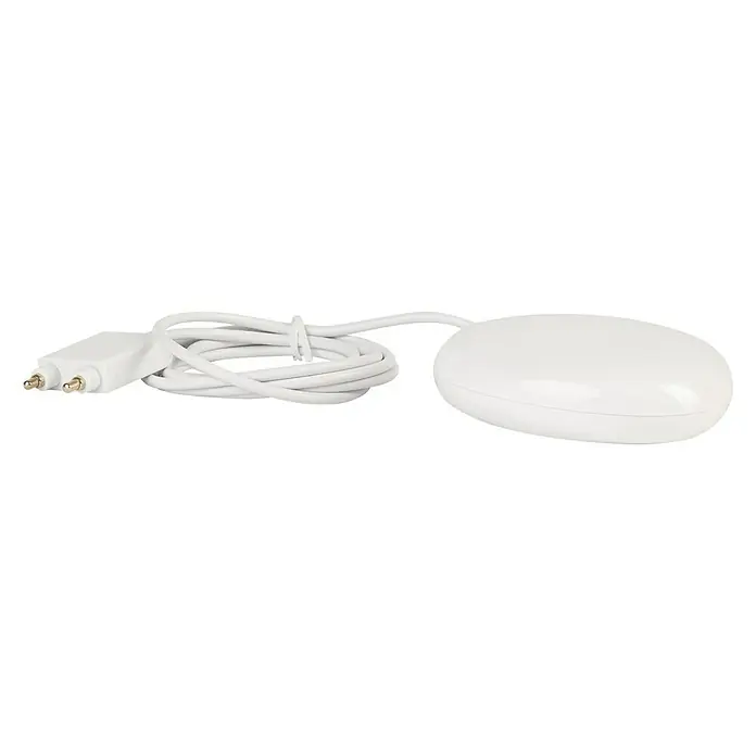 Essentials Wassersensor - Weiß, Messbereich Luftfeuchtigkeit: 8 % - 80 %, Batteriebetrieben - Nahaufnahme eines weißen Smart-Home-Sensors mit Kabel und Stecker auf schwarzem Hintergrund. Ideal für Hausautomation.