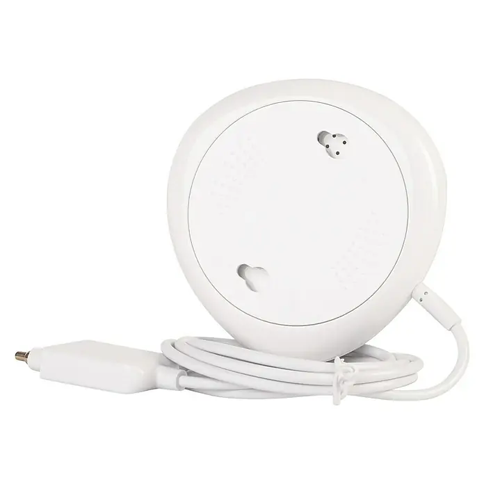 Essentials Wassersensor - Weiß, Messbereich Luftfeuchtigkeit: 8 % - 80 %, Batteriebetrieben - Nahaufnahme eines weißen, runden Geräts mit Kabel und Stecker, möglicherweise ein intelligenter Sensor oder ein Gadget für das Smart Home.