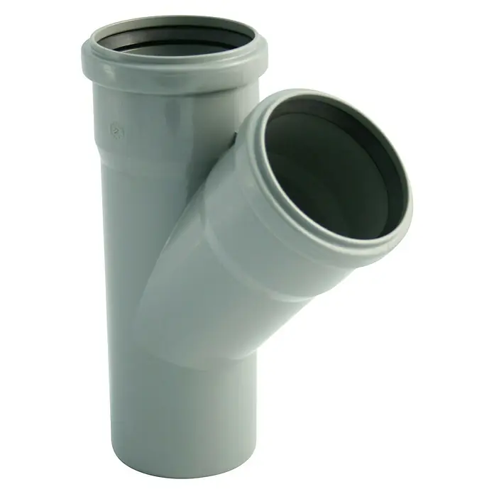 HT-Abzweig - DN 90, 45 ° - Grauer Abwasserrohr-Verbinder in Y-Form, ideal für Sanitärinstallationen. Langlebig und robust für den Einsatz im Innenbereich.