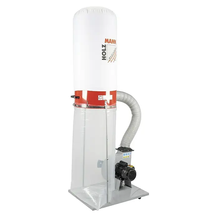 Holzmann Absauganlage ABS2480 - 2.480 m³/h, 230 V - Eine Holzstaubabsaugung von Mann Maschinen ist abgebildet. Sie verfügt über einen großen Filtersack und einen transparenten Auffangsack.