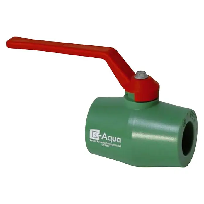 Schweiß-Kugelhahn - Nennweite Rohr: DN 20, Polypropylen - Grüner K-Aqua Kugelhahn mit rotem Griff, ideal für Wasseranwendungen. Robust und zuverlässig.