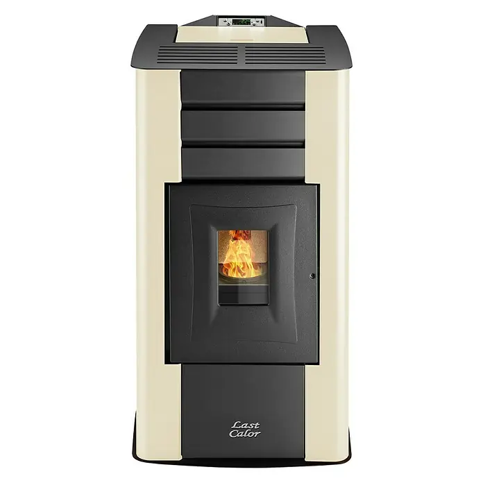 Last Calor Hidroestufa de pellets Asia - 12,7 kW, Volumen de calefacción: 240 m³, 0,78 kg/h - 2,64 kg/h, Crema - Diseño elegante de estufa de pellets Last Calor con llama. Disfrute de la calidez y la estética de este aparato.