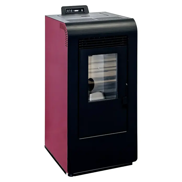Estufa de pellets Power - 8,8 kW, Volumen de calefacción: 135 m³, 0,58 kg/h - 1,61 kg/h, Negro/Burdeos - Una estufa de pellets moderna en rosa y negro, que aporta calidez y estilo a cualquier habitación.