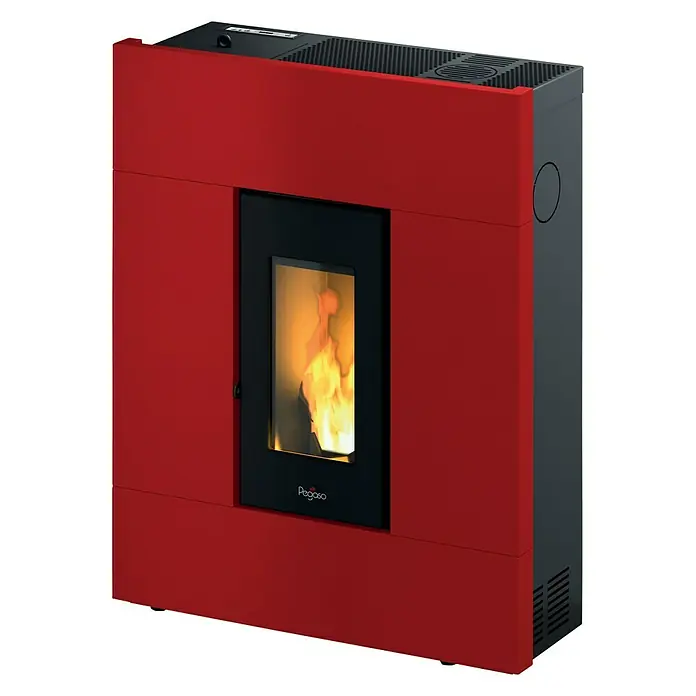 Estufa de pellets Pasillo 8 - 7 kW, Volumen de calefacción: 150 m³, 0,61 kg/h - 1,7 kg/h, Burdeos - Estufa de pellets roja Pegaso con marco negro y cámara de fuego visible, creando un ambiente acogedor.