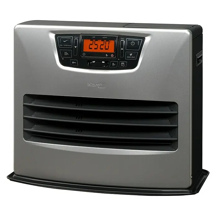 Toyotomi Estufa de parafina LC-150 - 1,45 kW - 4,85 kW, Volumen del depósito: 7,6 l, Plata/Negro - Estufa de parafina Zibro plateada con pantalla digital y rejillas de ventilación. Aparato de calefacción compacto para interiores.