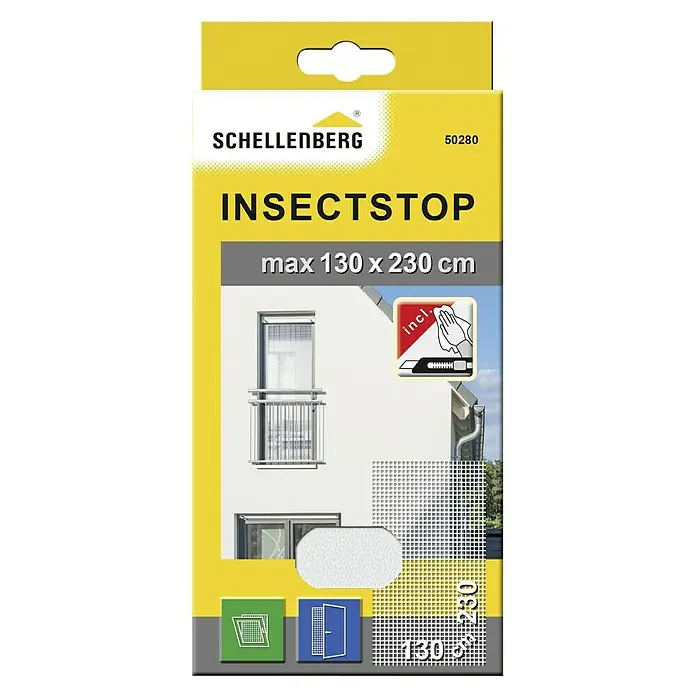 Schellenberg Insect Stop Mosquitera para ventana - An x Al: 130 x 230 cm, Color red: Blanco - Paquete del producto Schellenberg Insect Stop, una mosquitera para ventanas y puertas.