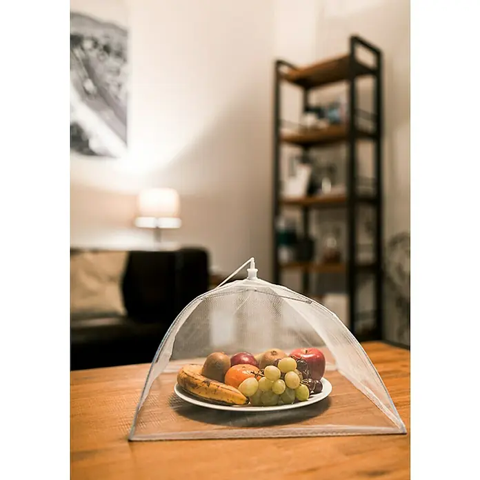 Schellenberg Rollo de fibra de vidrio para alimentos - L x An x Al: 250 x 350 x 350 mm, Poliéster - Un plato de frutas cubierto con una red reposa sobre una mesa de madera, en un salón acogedor.