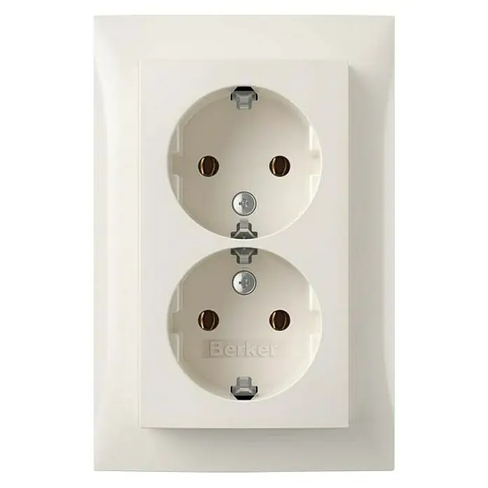 Berker S.1 Doppelsteckdose 47748989 - Polarweiß glänzend, Glänzend, Kunststoff, Unterputzmontage - Nahaufnahme einer Doppelsteckdose der Marke Berker in cremefarben, ideal für den stilvollen Innenausbau.