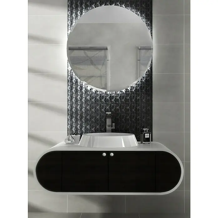 Mosaikfliese Quadrat WAVY 0530 x 30 cm, Schwarz, Glänzend - Badezimmerwaschtisch mit rundem Spiegel und dunklem Unterschrank. Elegantes Design für moderne Badezimmer.