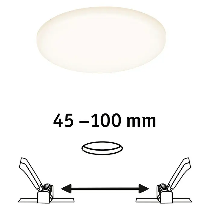 Paulmann LED-Panel rund Veluna VariFit - 8,5 W, Ø x H: 12,5 x 3,1 cm, Satin, Warmweiß, Nicht Dimmbar - Abbildung einer runden Deckenleuchte mit Installationshinweisen für einen Deckenausschnitt von 45-100 mm.