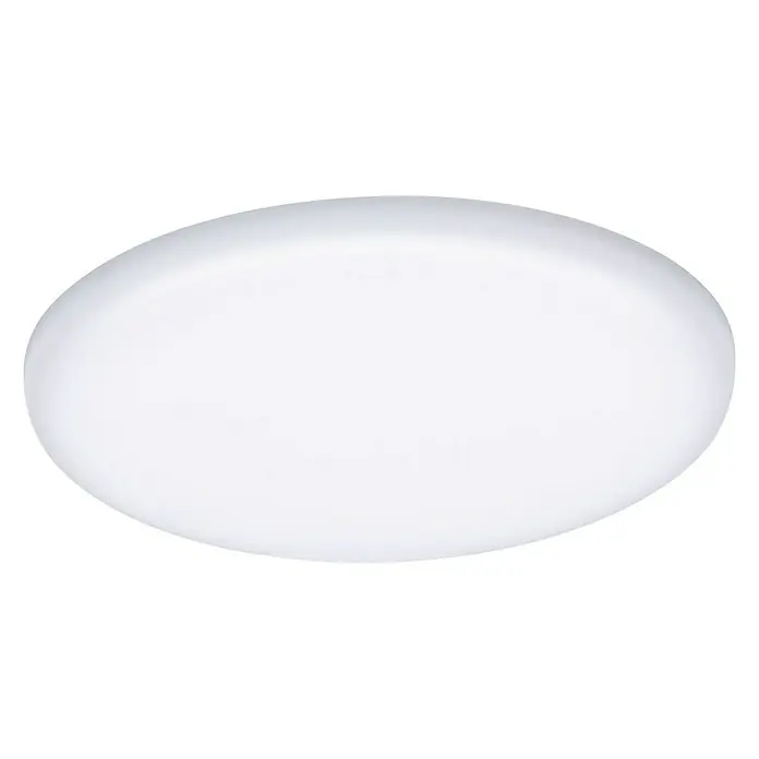 Paulmann LED-Panel rund Veluna VariFit - 8,5 W, Ø x H: 12,5 x 3,1 cm, Satin, Warmweiß, Nicht Dimmbar - Nahaufnahme einer runden, weißen Deckenleuchte vor schwarzem Hintergrund, die ein modernes und minimalistisches Design zeigt.