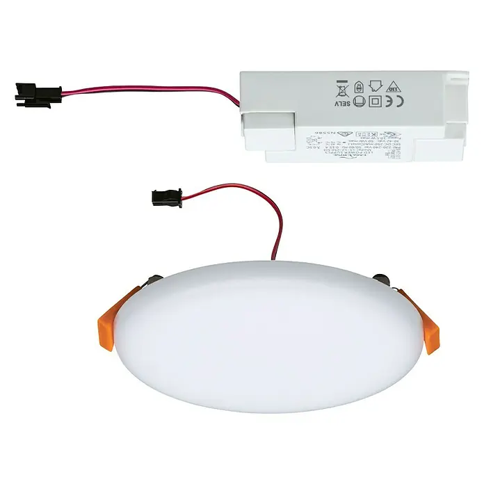 Paulmann LED-Panel rund Veluna VariFit - 8,5 W, Ø x H: 12,5 x 3,1 cm, Satin, Warmweiß, Nicht Dimmbar - Nahaufnahme einer LED-Deckenleuchte mit LED-Treiber, die eine effiziente Beleuchtungslösung für Innenräume bietet.