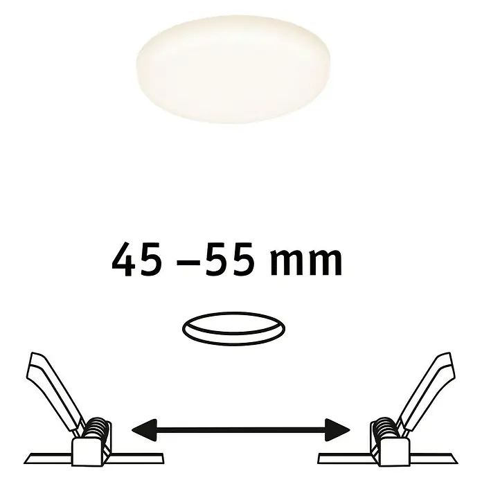 Paulmann LED-Panel rund Veluna VariFit - 4,5 W, Ø x H: 7,5 x 3,1 cm, Nicht Dimmbar, Satin, Warmweiß - Eine schematische Darstellung einer runden LED-Deckenleuchte, die zur Befestigung zwischen 45-55 mm vorgesehen ist.