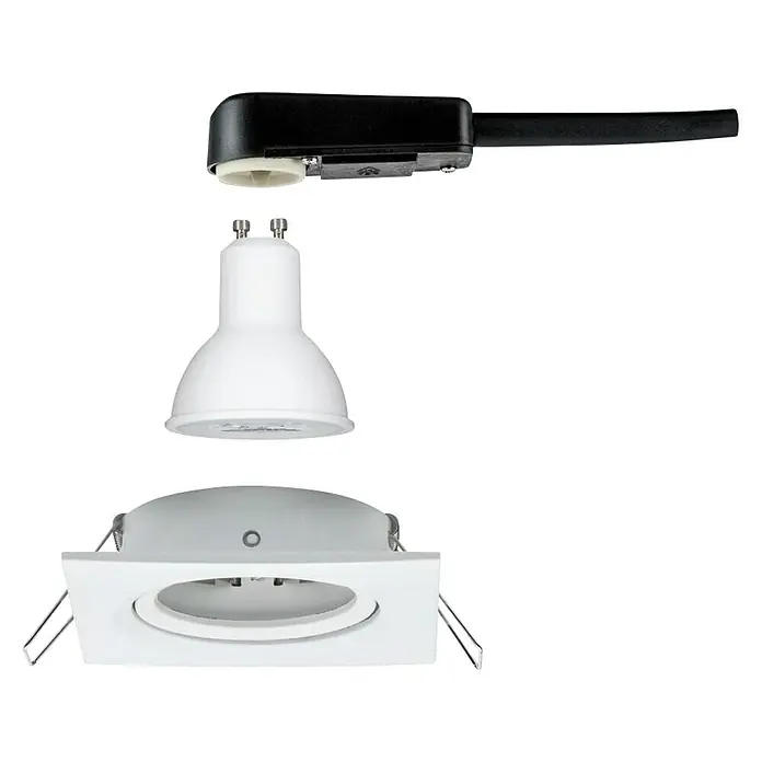Paulmann LED-Einbauleuchte Nova quadratisch - 6,5 W, Weiß, Warmweiß, 1 Stk. - Explosionsansicht einer quadratischen Einbaustrahler-Leuchte mit GU10-Fassung und schwarzem Adapter für Stromschienen.