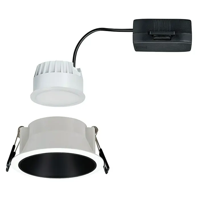 Paulmann LED-Einbauleuchte Cole - 6,5 W, Weiß/Schwarz, Warmweiß, 1 Stk. - Abbildung eines Downlights, das aus drei Hauptkomponenten besteht: einem schwarzen Gehäuse, einer LED-Lampe und einer schwarzen Anschlussdose.
