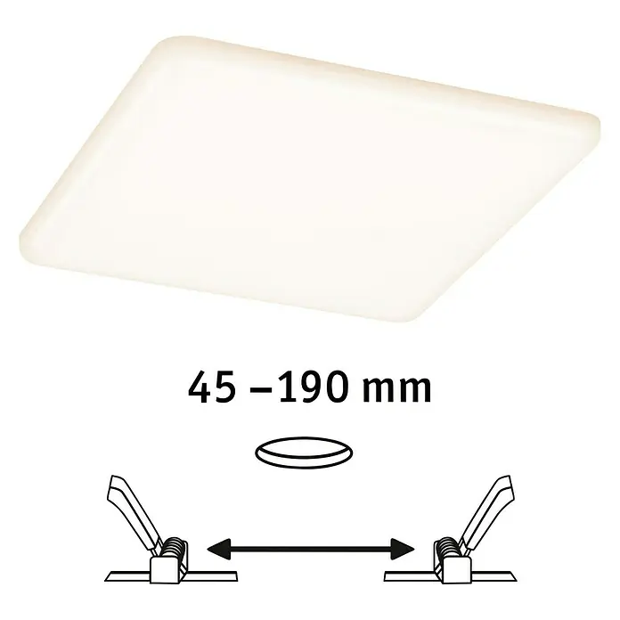 Paulmann LED-Panel Veluna VariFit - 20 W, L x B x H: 18,5 x 18,5 x 3,1 cm, Satin, Warmweiß, 3.000 K - Eine quadratische LED-Deckenleuchte mit Montagehinweisen und Maßangaben für den Einbau.