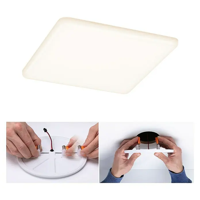 Paulmann LED-Panel Veluna VariFit - 17 W, L x B x H: 18,5 x 18,5 x 3,1 cm, Satin, Warmweiß - Quadratische LED-Deckenleuchte in Weiß, Installationsprozess wird in zusätzlichen Nahaufnahmen hervorgehoben.