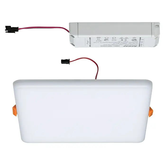 Paulmann LED-Panel Veluna VariFit - 17 W, L x B x H: 18,5 x 18,5 x 3,1 cm, Satin, Warmweiß - Nahaufnahme einer LED-Deckenleuchte mit LED-Treiber, die eine effiziente Beleuchtungslösung für Innenräume darstellt.