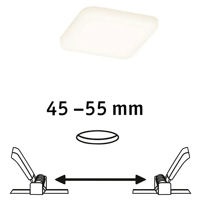 Paulmann LED-Panel Veluna VariFit - 4,5 W, L x B x H: 7,5 x 7,5 x 3,1 cm, Satin, Warmweiß, 3.000 K - Produktabbildung einer LED-Deckenleuchte mit Montageanleitung und Maßangaben.