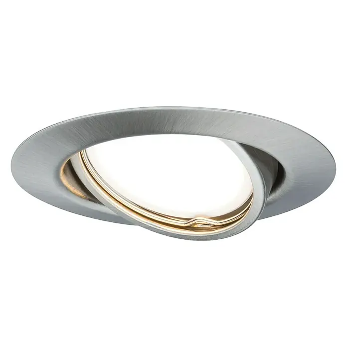 Paulmann Einbauleuchten-Set Base - 10 W, Eisen gebürstet, 10 Stk. - Nahaufnahme einer eleganten, runden LED-Einbauleuchte mit gebürstetem Metallfinish, die modernes Design und Funktionalität vereint.