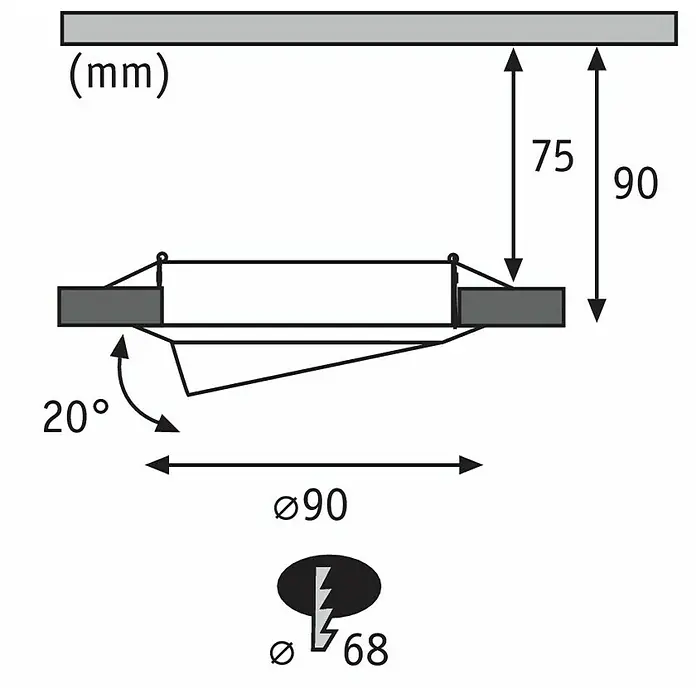 Paulmann Set de focos empotrables Base - 10 W, Hierro cepillado, 10 ud. - Dimensiones del producto: Esquema con dimensiones para la altura de instalación (75/90 mm), el diámetro (90/68 mm) y el ángulo de inclinación (20°).