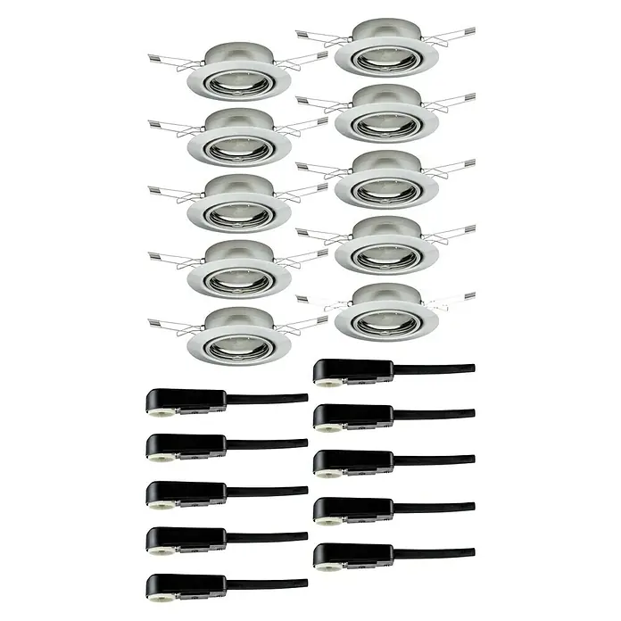 Paulmann Einbauleuchten-Set Base - 10 W, Eisen gebürstet, 10 Stk. - Downlight-Set für den Innenbereich mit weißen Leuchtenringen und passenden schwarzen Verbindungsstücken für eine einfache Installation.