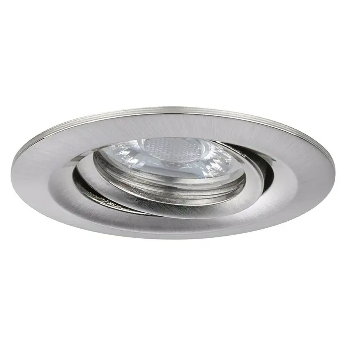 Paulmann LED-Einbauleuchte rund Nova Mini - 4 W, Eisen gebürstet, Warmweiß - Nahaufnahme eines runden, gebürsteten Metalleinbaustrahlers mit einer klaren, strukturierten Linse.
