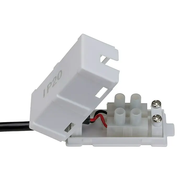 Paulmann LED-Modul Base Coin - 5 W, Opal, Durchmesser: 5 cm, 3.000 K - Ein offener, weißer IP20-Verbindungskasten mit Klemmen und sichtbaren Kabeln, ideal für elektrische Installationen im Innenbereich.