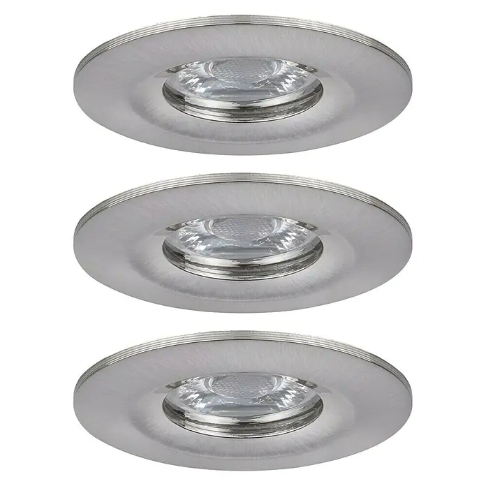 Paulmann LED-Einbauleuchten-Set Nova Mini - 12 W, Eisen gebürstet, 3 Stk., Warmweiß - Drei runde, silberfarbene LED-Einbauleuchten mit geriffeltem Rand und klarer Abdeckung auf schwarzem Hintergrund.