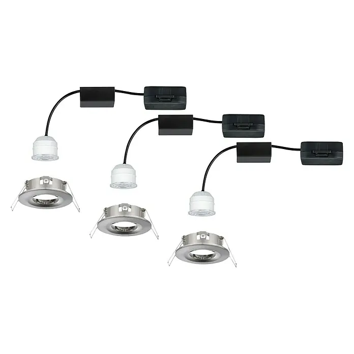 Paulmann LED-Einbauleuchten-Set Nova Mini - 12 W, Eisen gebürstet, 3 Stk., Warmweiß - Ein Satz von drei modernen LED-Einbaustrahlern, verbunden durch schwarze Kabel und Kästen, ideal für stilvolle Beleuchtung.