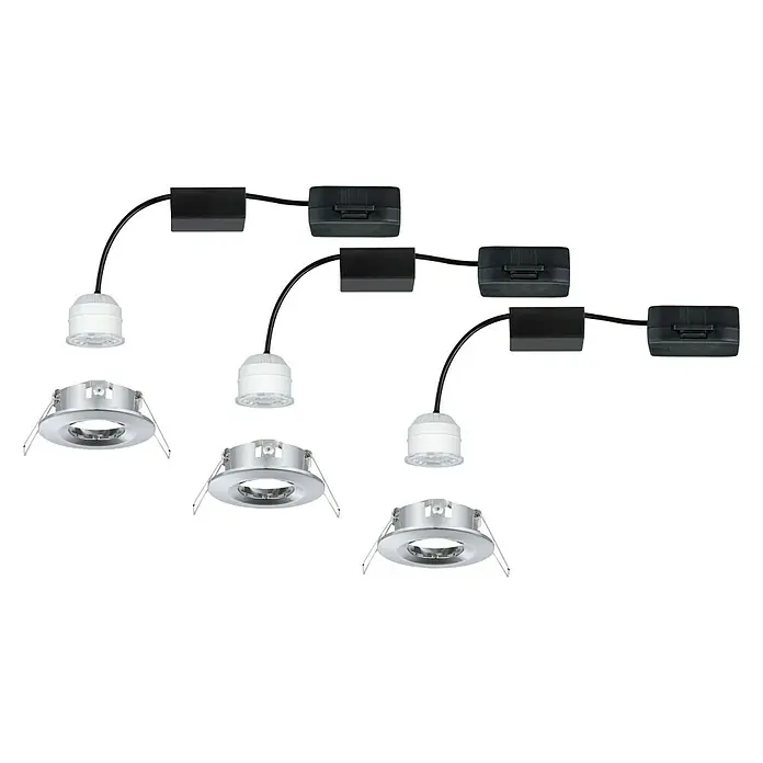 Paulmann LED-Einbauleuchten-Set Nova Mini - 12 W, Chrom, 3 Stk., Warmweiß - Drei LED-Einbaustrahler mit Verbindungskästen und Verkabelung auf schwarzem Hintergrund, ideal für moderne Beleuchtungslösungen.