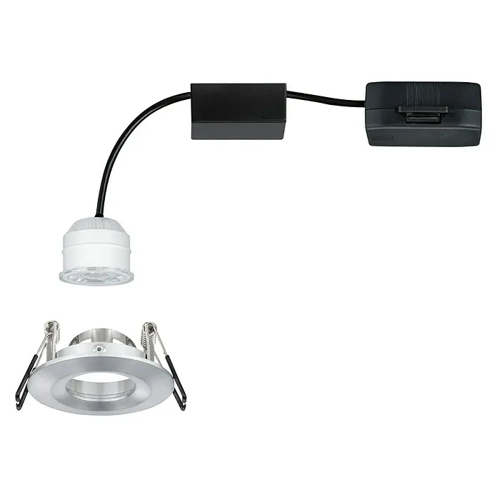 Paulmann LED-Einbauleuchten-Set Nova Mini rund - 4 W, Aluminium, 1 Stk., Warmweiß - Einbaustrahler-Set: Silberner Rahmen mit weißem LED-Leuchtmittel, verbunden mit einer schwarzen Box und einem Treiber.