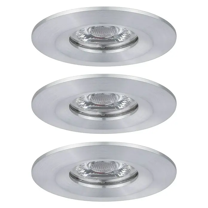 Paulmann Set de focos LED empotrables Nova Mini - 12 W, Aluminio, 3 ud., Blanco cálido - Tres luces LED empotradas redondas de color plateado en fila, mostrando una solución de iluminación moderna y eficiente energéticamente.