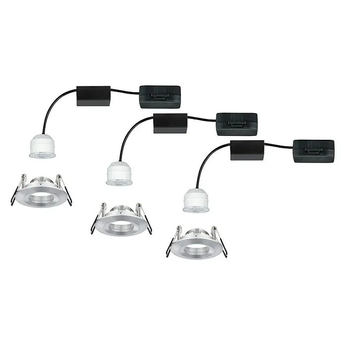 Paulmann LED-Einbauleuchten-Set Nova Mini rund - 12 W, Aluminium, 3 Stk., Warmweiß - Ein Set von drei LED-Einbaustrahlern, verbunden durch schwarze Kabel und Verbinder. Die Leuchten sind bereit für die Installation.
